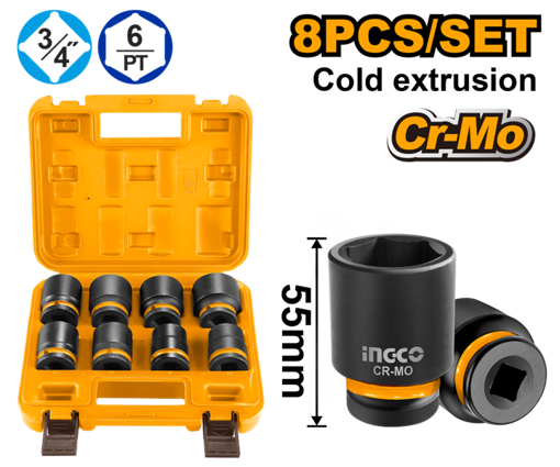 Imagen de VALIJA 8PCS JUEGO DE DADOS DE IMPACTO 3/4* 55nm INGCO HKISSD34081
