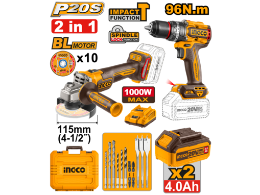 Imagen de KIT A BATERIA P20S 20V TALADRO ATORNILLADOR C/PERCUTOR 96NM + AMOLADORA ANGULAR, C/2BAT, CARGADOR , ACCESORIOS Y VALIJA