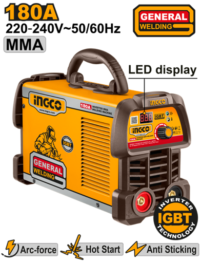 Imagen de SOLDADORA INVERTER MMA 180A LED DISPLAY IGBT CON ACCESORIOS INGCO ING-MMA18059