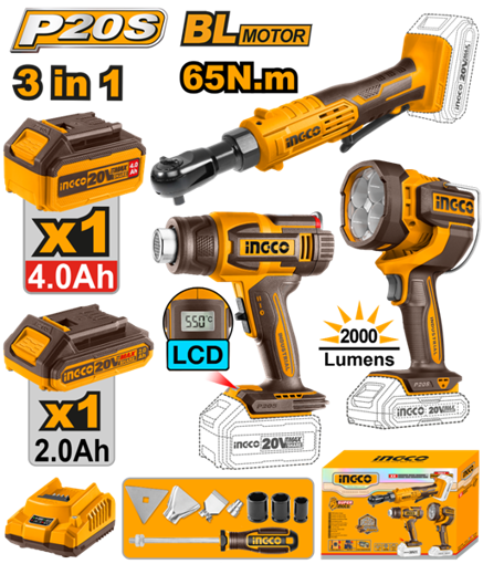 Imagen de KIT COMBO A BATERIA P20S 20V LLAVE CRIQUE + PISTOLA DE CALOR + LINTERNA C/2 BATERIAS, CARGADOR Y ACCESORIOS INGCO COSLI2