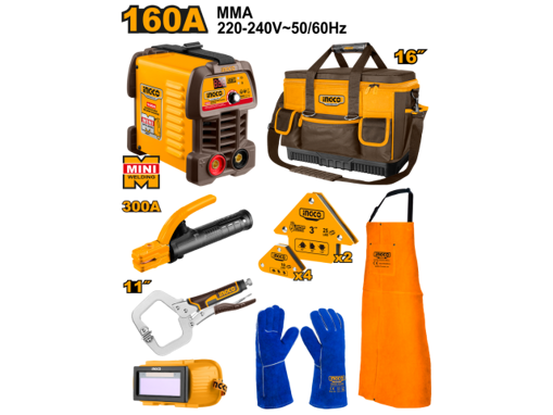 Imagen de SET DE 8PCS PARA SOLDADOR (SOLDADORA INVERTER DE ELECTRODOS 160AMP + PINZAS PORTA ELECTRODO + ESCUAD