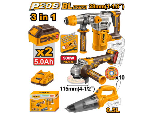 Imagen de KIT COMBO A BATERIA P20S 20V C/ROTOMARTILLO + AMOLADORA + ASPIRADORA C/ 2 BATERIAS, CARGADOR Y ACCESORIOS INGCO COSLI240