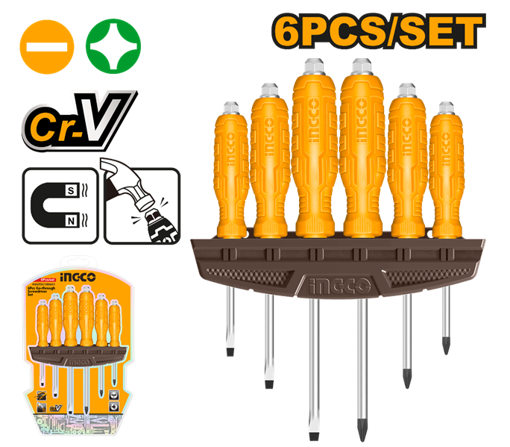 Imagen de SET X 6 DESTORNILLADORES CRV IMANTADO PALETA/PHILLIPS INGCO HSGTDC180601