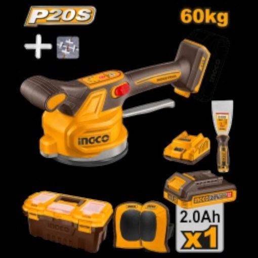 Imagen de VENTOSA VIBRADORA A BATERIA P20S 130MM C/BATERIA + CARGADOR + ACCESORIOS + CAJA HERRAMIENTAS PLASTICA INGCO
