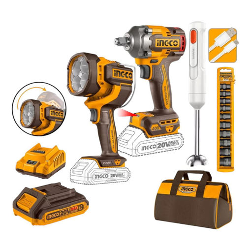 Imagen de SET LLAVE DE IMPACTO 400NM 20V BATERIA P20S + LINTERNA 2000LM + MIXER  C BAT Y BOLSO