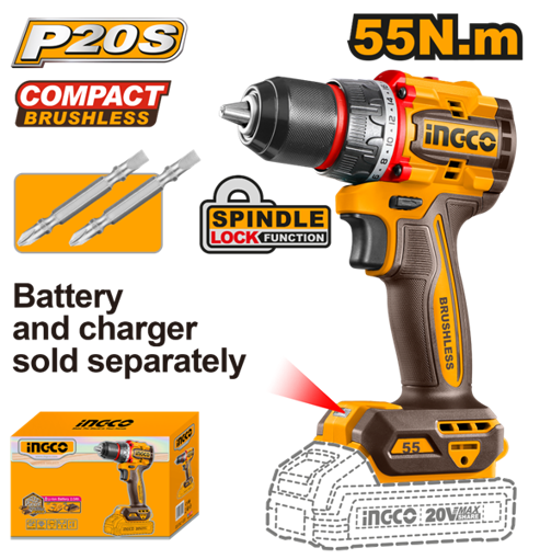 Imagen de TALADRO ATORNILLADOR A BATERÍA 20V P20S BRUSHLESS 55NM + 2 PUNTAS S/BAT, S/CARG INGCO CDLI205581